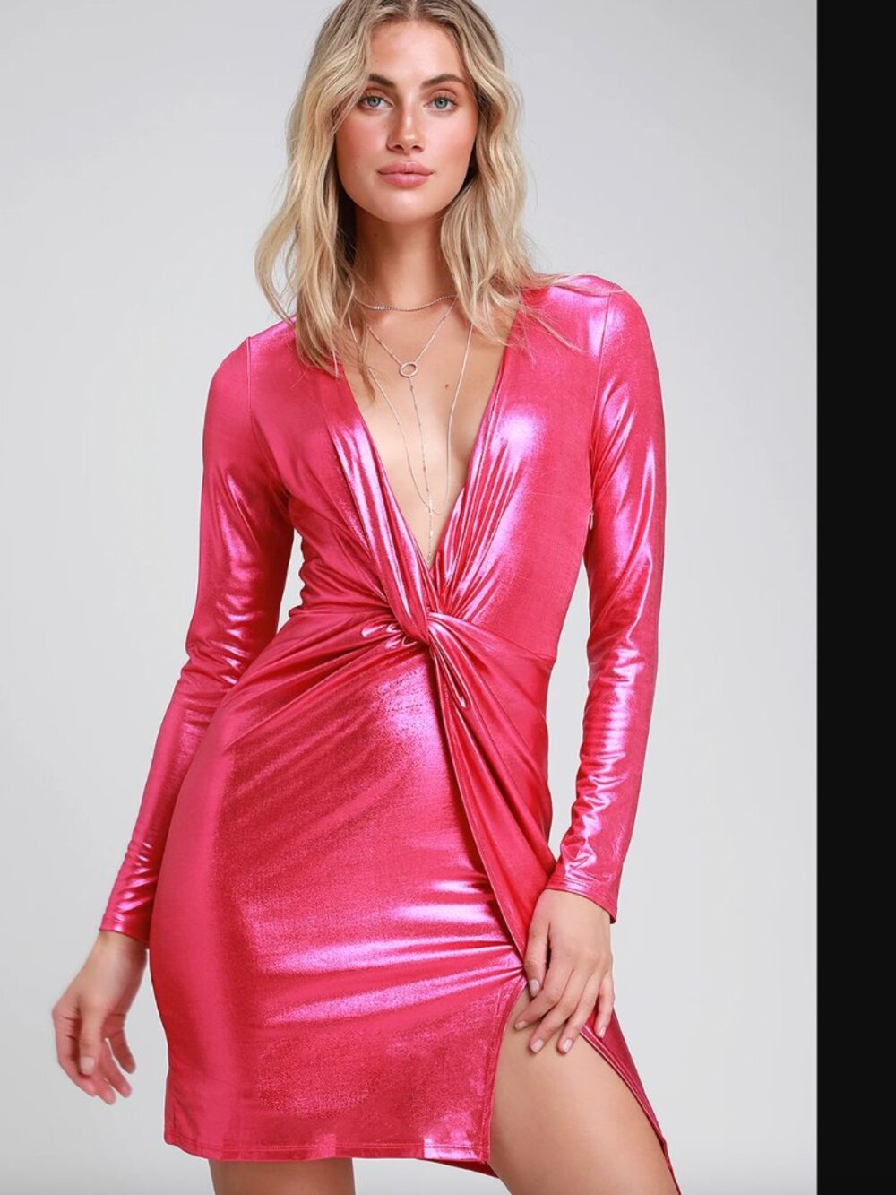 Lulu's Glow Like Me Hot Pink Metallic Twist-Front Long Sleeve Dress Small
